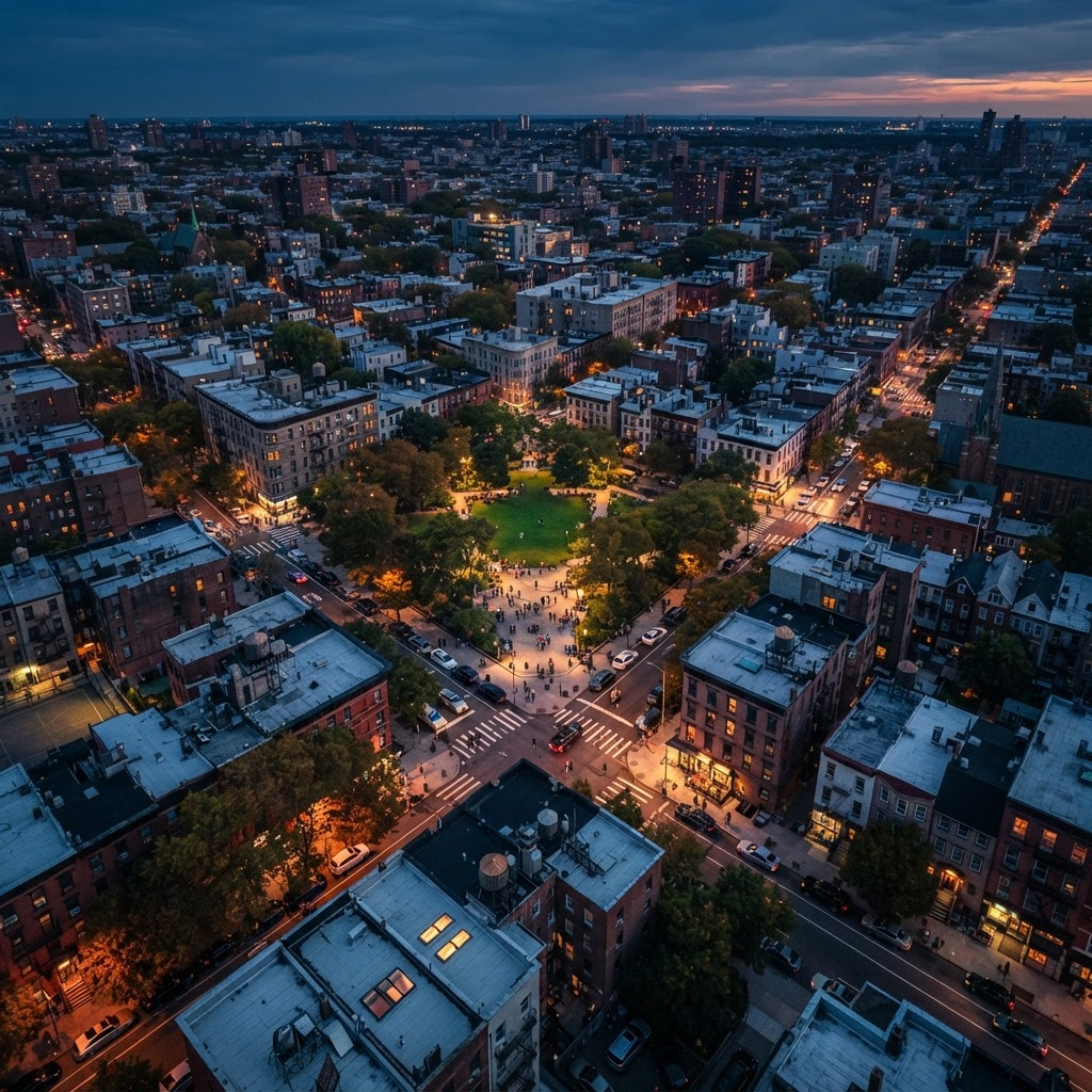 Aerial view of an urban neighbourhood at dusk