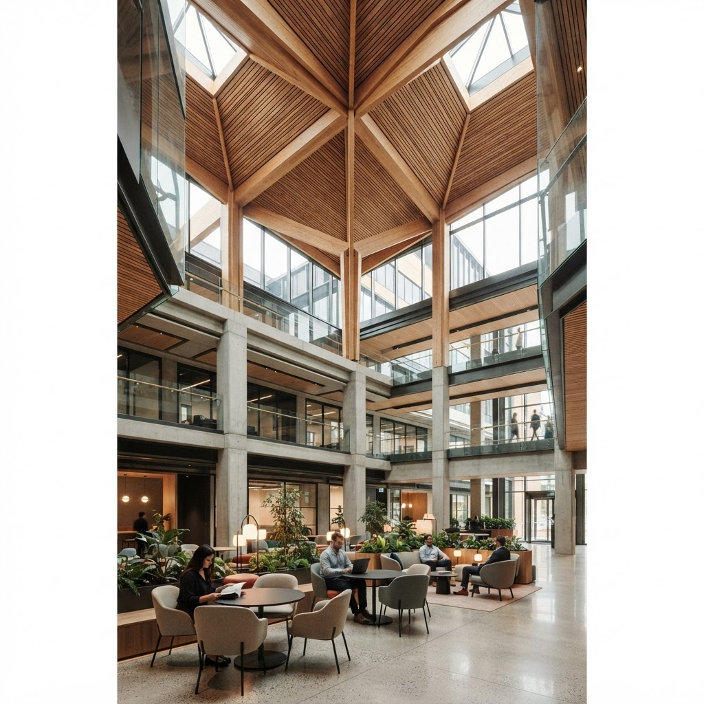 A shared community space inside a modern commercial building