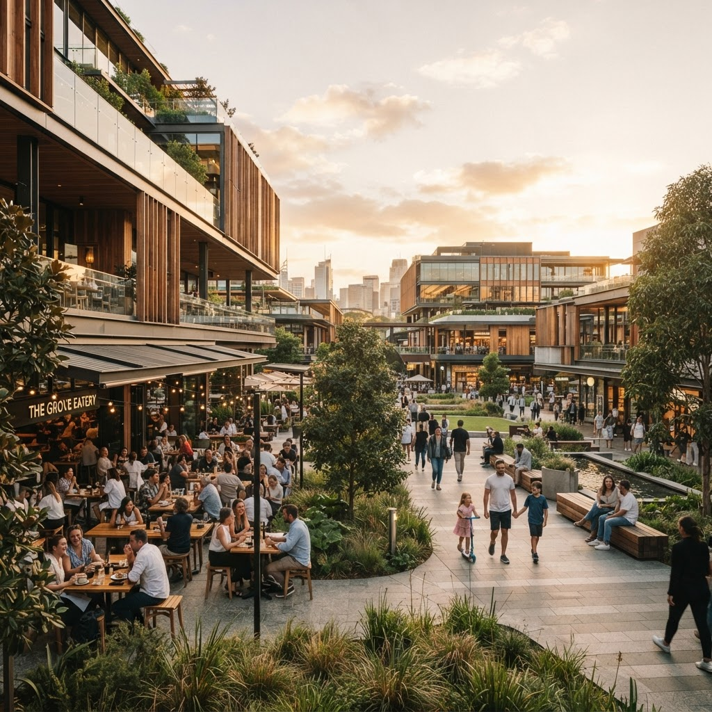 A completed commercial precinct filled with people